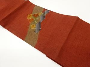 手織り紬汕頭相良刺繍草花模様名古屋帯